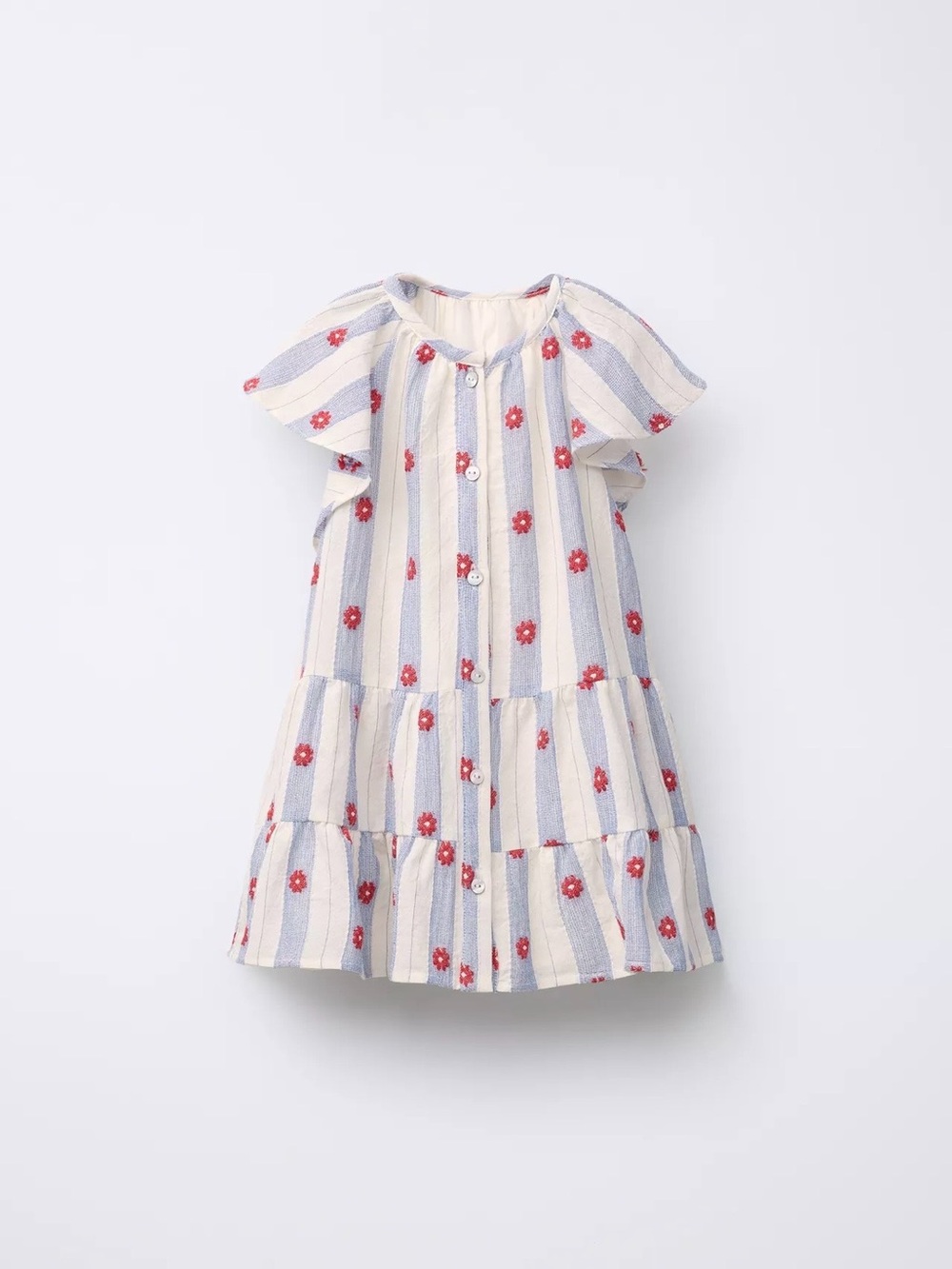 Zara Girls' Blue & Cream Stripe Floral Button-Front Dress 4T(more like 3T)